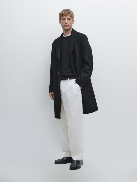 Wool blend long coat with lapel collar