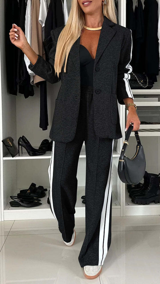 Sporty Patchwork Lapel Blazer and Elastic Waist Pocket Loose Pants Set